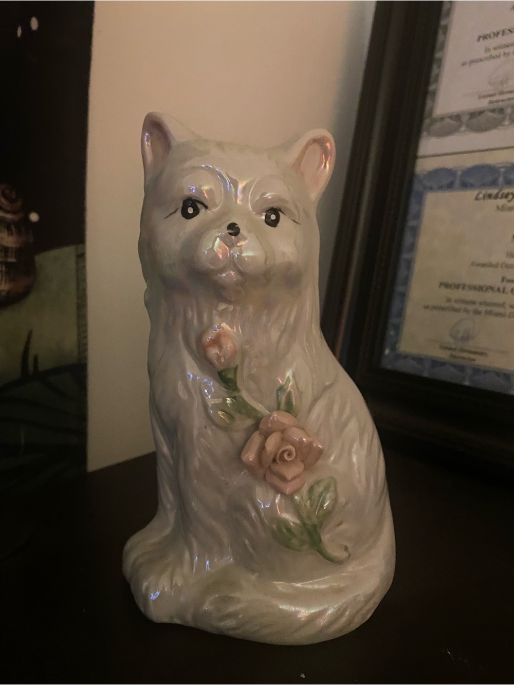 Pearlescent White Ceramic Cat Figurine with Pink Roses
